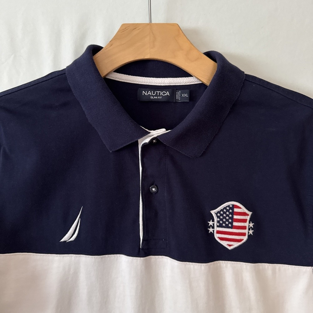 Nautica Mens XXL Slim Rugby Polo Shirt Flag Shield USA Logo Spell Out Patriotic